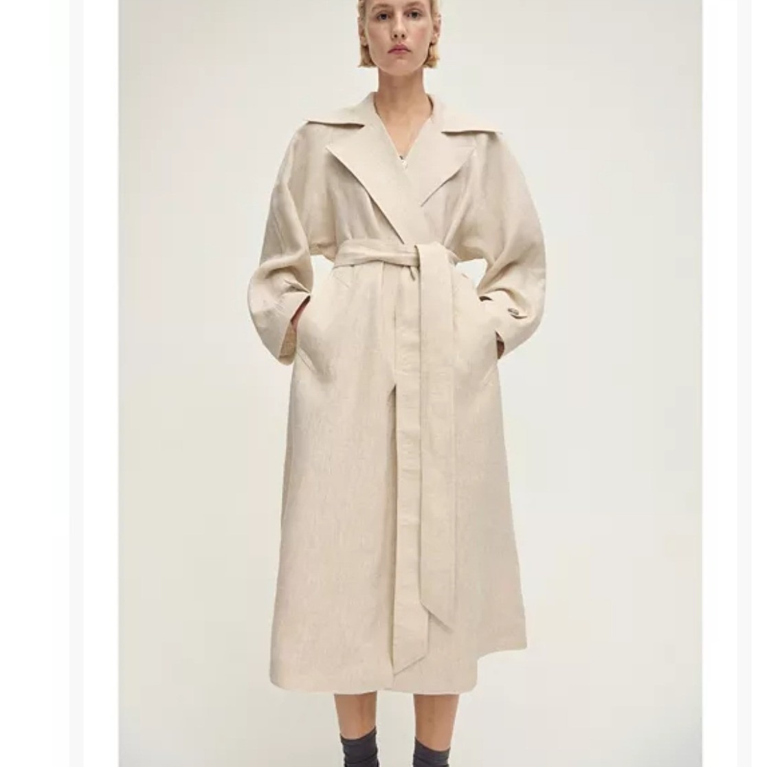 Nwt Mango 100% Linen Trench Coat Oatmeal Beige Longline Belted Duster Xs S M
